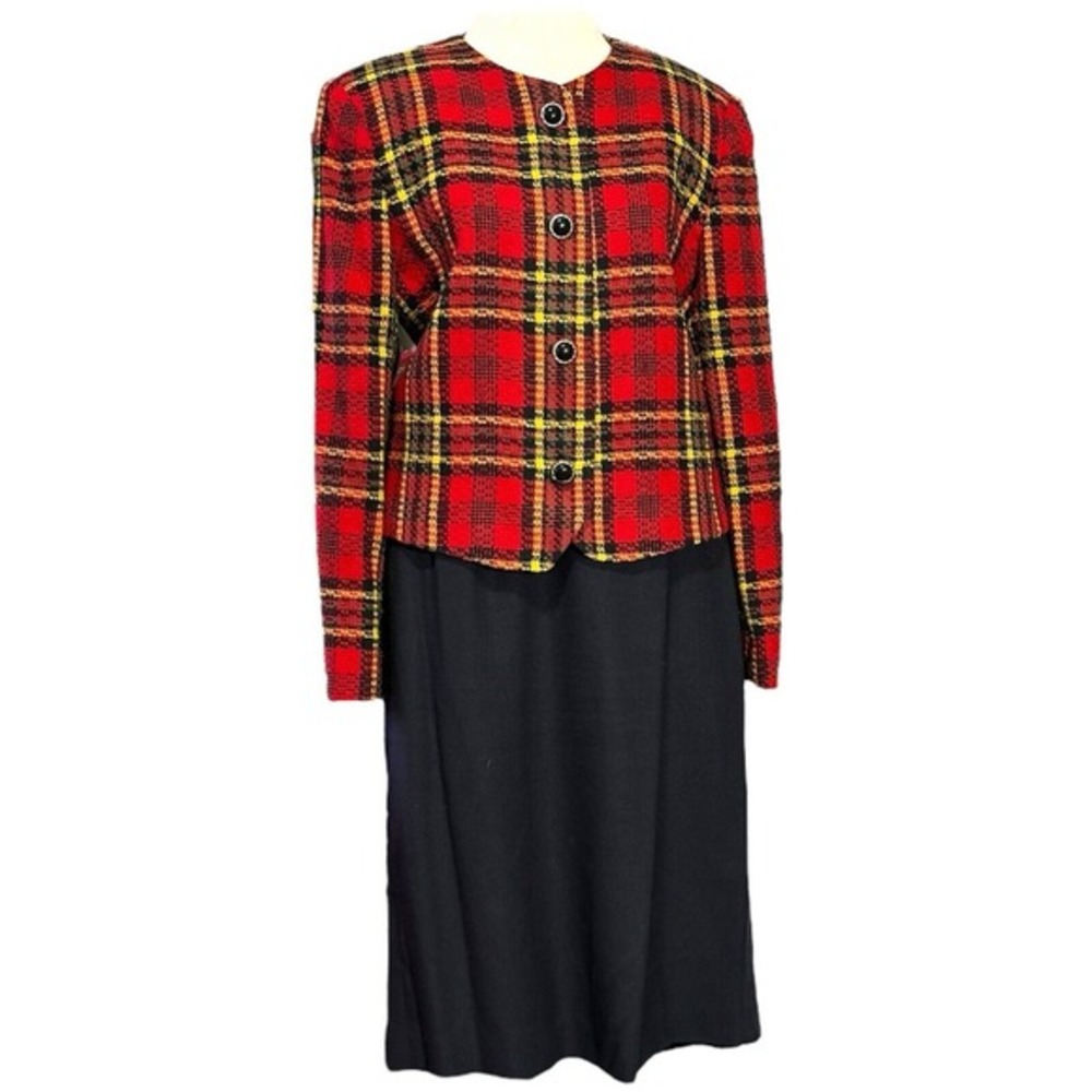 Vintage 90's Clueless‎ Tweed Tartan Plaid Crop Blazer Jacket Coat Set Collarless